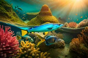 fish swimming in the ocean with coral reefs and sun. AI-Generated photo