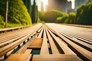 un de madera puente en el medio de un parque. generado por ai foto