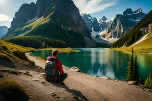 a man with a backpack sits on the edge of a lake in the mountains. AI-Generated photo