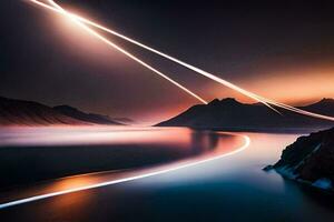 a long exposure photograph of a mountain range and water. AI-Generated photo