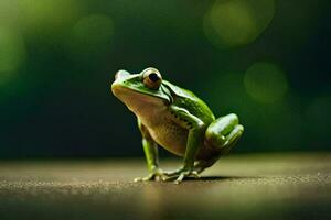 a frog is standing on a wooden surface. AI-Generated photo