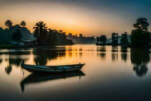 a boat sits on the water at sunset. AI-Generated photo