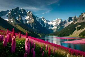 el hermosa paisaje de el alpino lago y rosado flores generado por ai foto