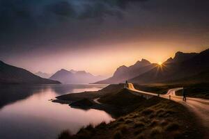 the sun is setting over a road and mountain range. AI-Generated photo