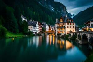 photo wallpaper the sky, mountains, water, bridge, house, town, river, switzerland. AI-Generated