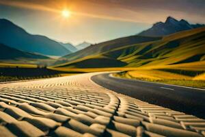 the sun shines on a road in the mountains. AI-Generated photo