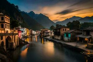 a river runs through a town at sunset. AI-Generated photo