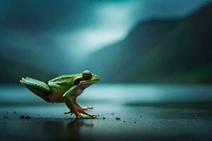 a frog jumping on the ground in front of a lake. AI-Generated photo