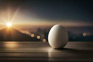 un huevo sentado en un mesa en frente de un ciudad horizonte. generado por ai foto