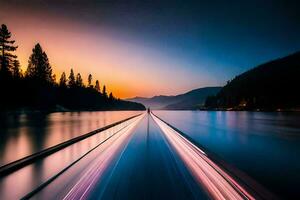 a long exposure photograph of a car driving on a road over a lake. AI-Generated photo