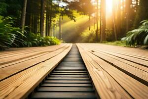 a wooden walkway in the woods with sun shining. AI-Generated photo