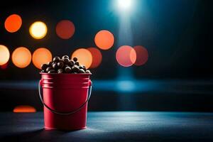 a red bucket filled with coffee beans on a table. AI-Generated photo
