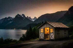 un pequeño cabina se sienta en el lado de un montaña con vista a un lago. generado por ai foto