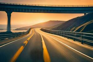 un autopista con un puente a puesta de sol. generado por ai foto