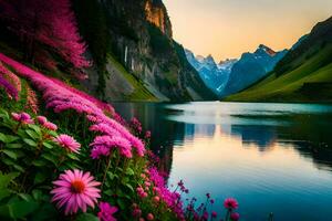 the flowers are blooming in the mountains at sunset. AI-Generated photo