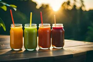 five different juices in jars on a table. AI-Generated photo