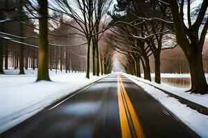 a snowy road in the middle of a park. AI-Generated photo