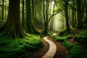 a path through a green forest with trees and moss. AI-Generated photo