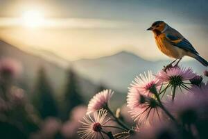 un pájaro es encaramado en parte superior de algunos flores generado por ai foto