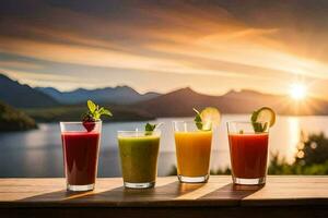five glasses of juice with the sun setting behind them. AI-Generated photo