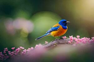 a blue and orange bird is perched on a branch. AI-Generated photo