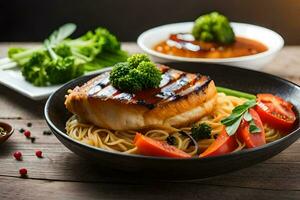 grilled salmon with noodles and vegetables on a wooden table. AI-Generated photo