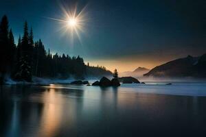 a beautiful sunset over a lake and trees. AI-Generated photo