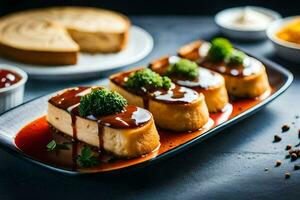 a plate of food with tofu and sauce. AI-Generated photo