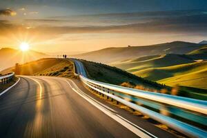 a road with the sun setting over the hills. AI-Generated photo