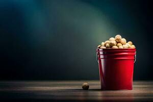 a bucket filled with peanuts on a table. AI-Generated photo