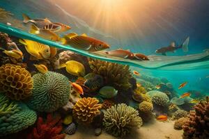 the sun shines over a coral reef with fish and corals. AI-Generated photo