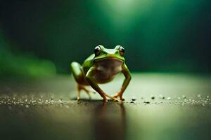 a frog is standing on the ground with a green background. AI-Generated photo