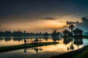a lake with a small house on the shore. AI-Generated photo