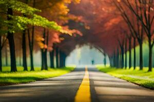 a road lined with trees and a person walking in the middle. AI-Generated photo