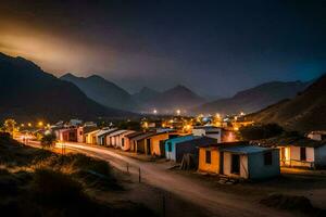 un noche Disparo de un pueblo en el montañas. generado por ai foto