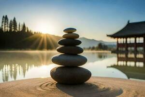 a stack of stones in front of a lake. AI-Generated photo