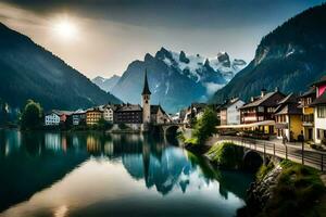 a town in the mountains with a lake and mountains. AI-Generated photo