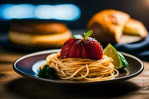 espaguetis con fresas y Lima en un lámina. generado por ai foto