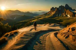 a person walking on a path in the mountains. AI-Generated photo