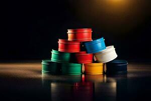 a stack of colorful plastic containers on a black background. AI-Generated photo