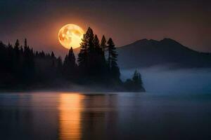 a full moon rises over a lake with trees and mountains. AI-Generated photo