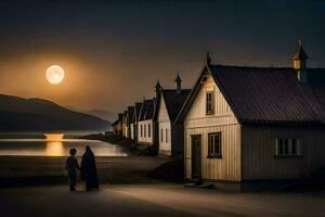 a man stands in front of a house at night. AI-Generated photo