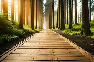 a wooden path in the middle of a forest. AI-Generated photo