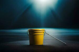 a yellow bucket with a handle on the floor. AI-Generated photo