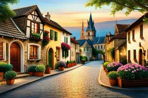 an old european street with houses and flowers. AI-Generated photo