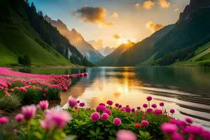 the sun rises over the mountains and flowers in the foreground. AI-Generated photo