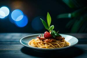 spaghetti with meat and berries on a plate. AI-Generated photo