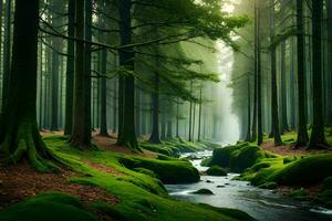 a stream runs through a green forest. AI-Generated photo