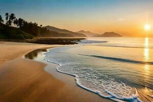 el Dom sube terminado el Oceano y el playa en esta foto. generado por ai foto