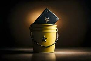 a yellow bucket with a black phone inside. AI-Generated photo